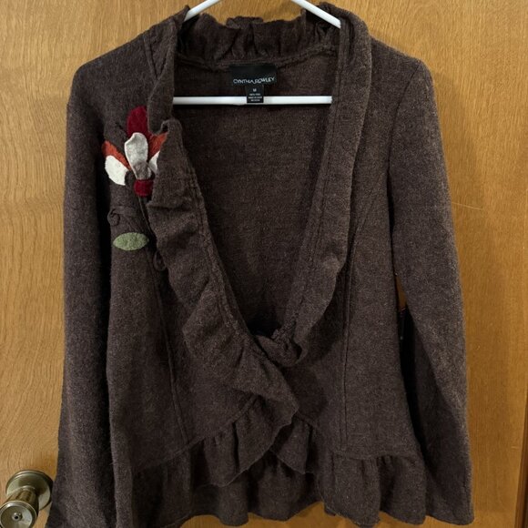 Cynthia Rowley 100% Wool Sweater Jacket Ruffle Felted Floral Accent Brown Medium - Picture 2 of 11